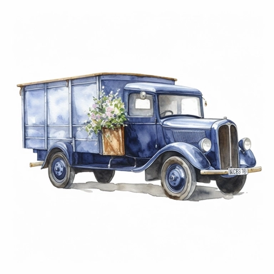 side rear realistic watercolor drawing of a vintage flower delivery truck in England, on a white background where the background will be removed to repurpose as a clipart.