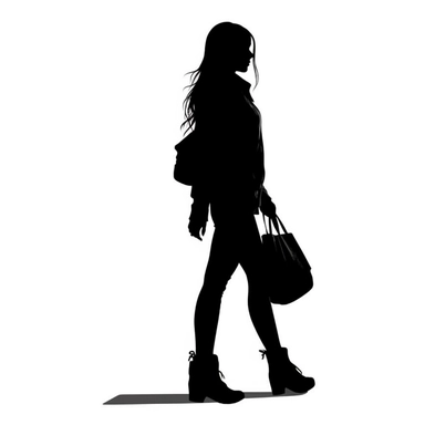 clipart teenage girl silhouette in black with a bag in hand white background