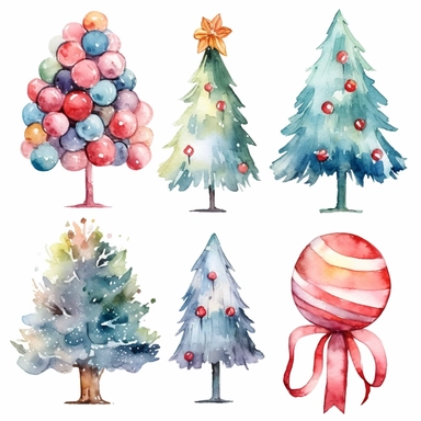 Watercolor christmas trees with christmas ornaments with gift boxes underneath, illustrations clipart set, simple, christmas colors , cartoon elements, different variants , candy cane, hollybell, bow, separate elements with a margin