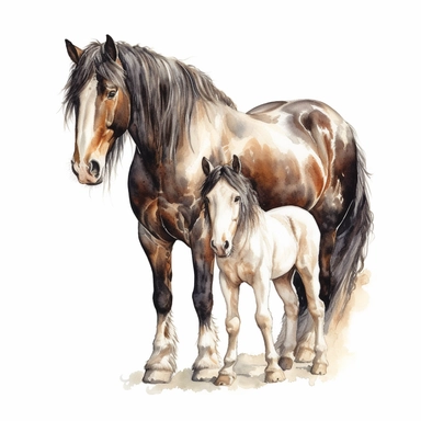realistic irish cob horse with a foal, surrounded by white background, clipart wide shot, very detailed, watercolor illustration, white background, cinematic, ultra hd,