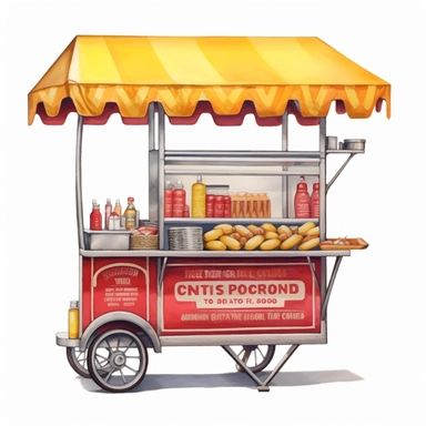 hyper-realistic high-detailed watercolor clipart of a mobile hot dog stand on a white background. The stand should have a sleek and compact design, reminiscent of the iconic New York street style. Depict a streamlined cart with a simple color palette, such as silver or gray, with pops of red and yellow accents. Ensure the clipart includes essential elements such as the serving window, grill, condiment area, and a small seating counter if desired. Emphasize the presence of the grill, showing it a