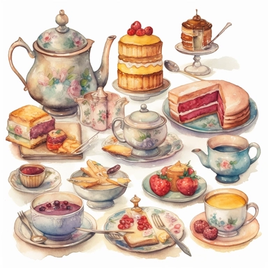 Watercolor vintage tea party items, illustrations clipart set, simple, soft colors, cartoon elements, different variants, teapot, sugar bowl, bun, jug of milk, cake stand, scones, china cup and saucer, , napkin, clotted cream, , knife, fork, jam, slice of cake on plate, tea cups, stacked teacups, lemondish, butter and bisciuits, , tea jars, knie, fork, spoon, butter, , silver sncream cak, napkin, separate elements with a margin