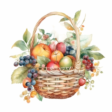 watercolor fairy fruit basket with forest clipart, white background