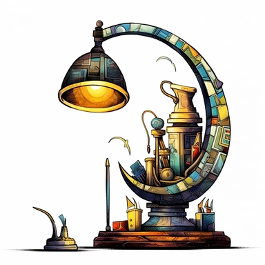 creepy magic desk lamp crescent moon clipart, detailed, white background, illustration painting, collaged constructions, digital art, watercolor, in the style of sculptural and geometric, forced perspective drawings, Geometric brushstrokes form an intriguingly abstract, painterly figure, Pablo Picasso, Wassily Kandinsky,