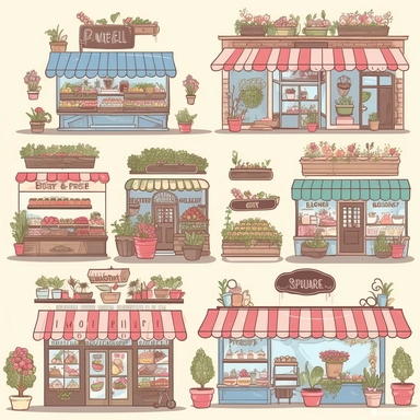 grocery store, flower shop, bakery, ice cream shop, cafe graphic clipart in one photo