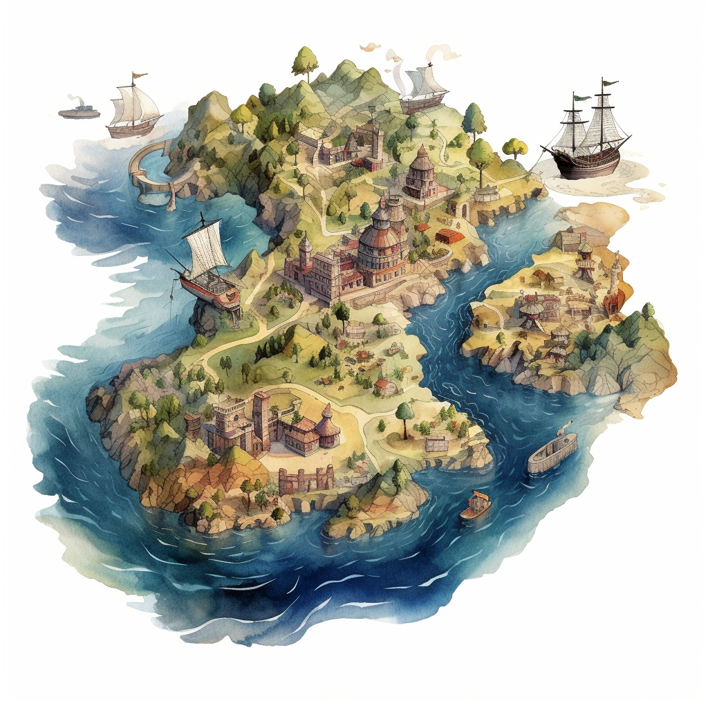 a watercolor vintage cartography map clipart, as a whimsical island 