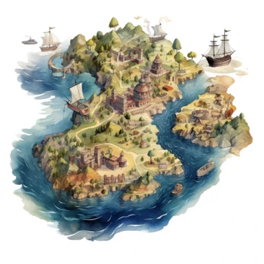 a watercolor vintage cartography map clipart, as a whimsical island takes center stage. Explore the intricacies of the detailed 8K design, where every unique cartographic element tells a story waiting to be uncovered, white background,