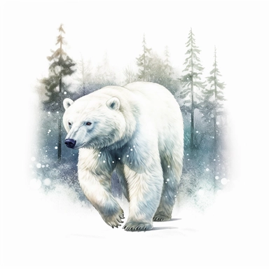 High level watercolor, hyper realistic, white background with borders, 8k, ultra detailed clipart, big, futuristic, snow bear walking through the forest, its frosty breath creates swirling snowflakes and ice formations in the air, fabulous, cool, pastel blue