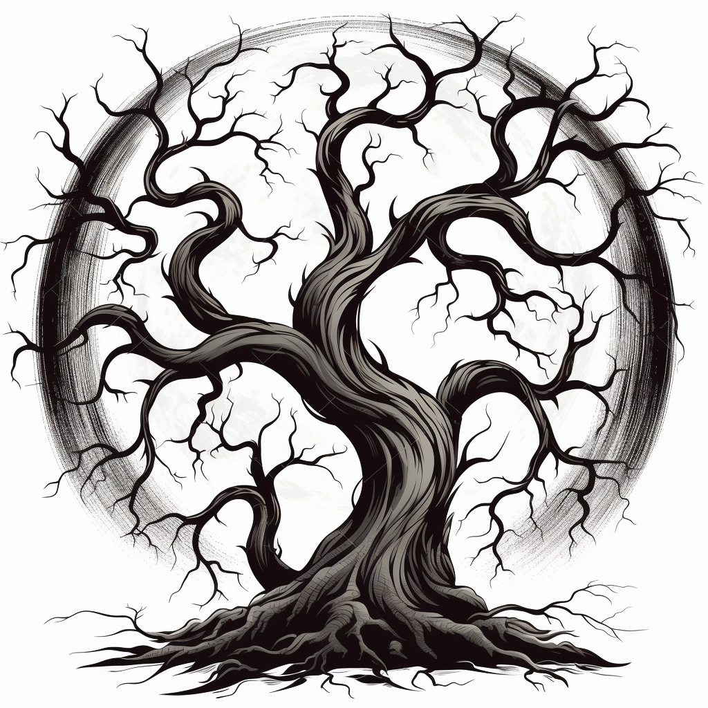 A spooky tree with gnarled branches and twisted roots, casting eerie ...