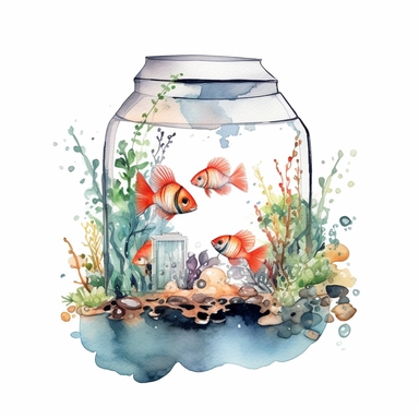Watercolor fish tank clipart, white isolated background, space out, hd