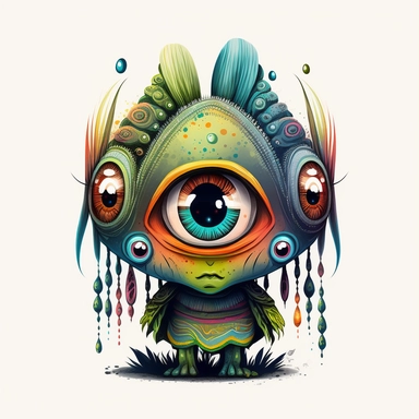 Illustration in boho style, clipart, sublimation drawing An alien with huge eyes is crying bitterly. Bright colorful colors on a white empty background, high quality 8k, high quality detail