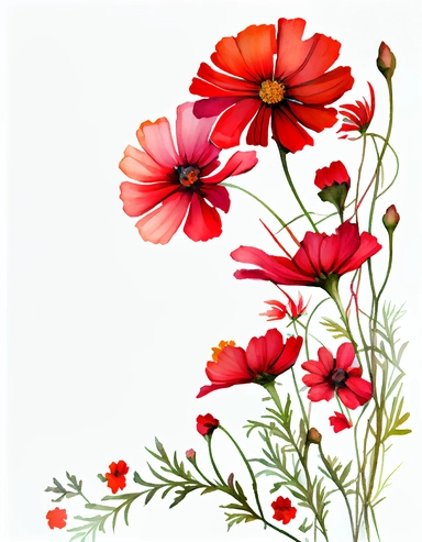 detailed vibrant watercolor red cosmos side corner border , isolated on white background, realistic, clipart