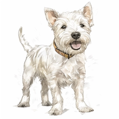 babywesthighland white terrier, short pointed ears, happy, whole body, standing, clipart, hand-drawn clipart, realistic, clear lines, neutral watercolor, isolated, white background,