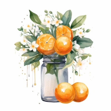 Create a watercolor oranges clipart with glass nd bouquets