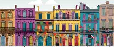 A creative, clipart-inspired interpretation of the French Quarter in New Orleans, Louisiana. Historic buildings are simplified to a series of rectangles and squares with intricate line work to indicate balconies and French doors. Abstract symbols denote the vibrant street life with a minimal touch of Mardi Gras bead strings hanging from balconies. The color scheme features warm yellows and oranges for the buildings, set against a twilight blue sky.