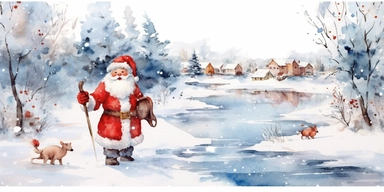 christmas theme Watercolor Cute santa claus wearing red & blue Clipart Collection in beautiful winter landscape with a lot of snow and a small lake, christmas theme, detailed, isolated, white background, one pattern,