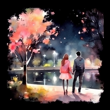 Watercolor, A couple by the river in bloom, night,clipart on black background