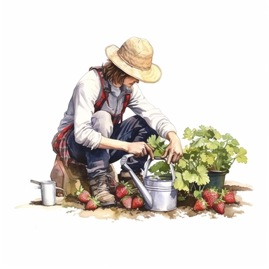 watercolor, hyper realistic, white background, white margins, 16k, ultra detailed clipart, cut out image, hand-drawn person in a wide-brimmed hat and gardening gloves tending to the strawberry plants, with a watering can and garden tools nearby.