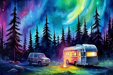 northern light camper scene, watercolor, colorful, bright vibrant, black background, clip art