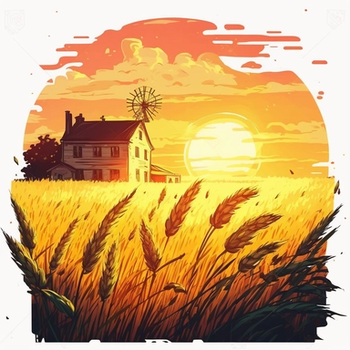 A clipart, A field of wheat crops with a country sunset in the background and a farmhouse, only one clipart, white background, vibrant colors, cartoon,style ghibli, hand drawn, watercolor