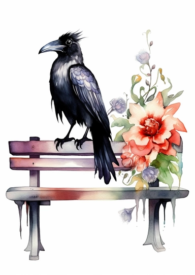 Cute horror gothic raven detailed sitting on a bench with flowers and leafs, watercolor by Thomas w. schaller, clipart, solid background, black color sheme, hd