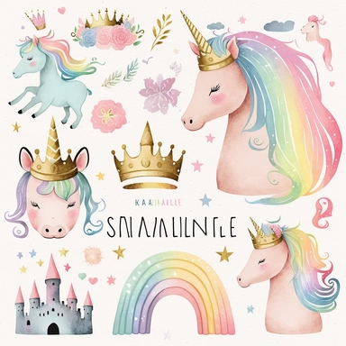 rainbow pastel unicorn, fairy, princess castle, princess crown, rainbow, plastercine, soft watercolour light, clipart svg white background