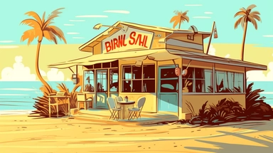 Beach Coffee shop clipart light yellow retro style