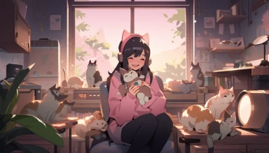 retro music album, lofi aesthetic, looking happy, holding rice dumplings , 90's anime style, vintage art style, warm color pallete, daytime, chibi girl with long black hair and cat ears, pink hoodie, gaming room setup, wide angle, zoomed out, cute bedroom, sleeves covering hands, brown eyes, pink star hair clip, high quality,