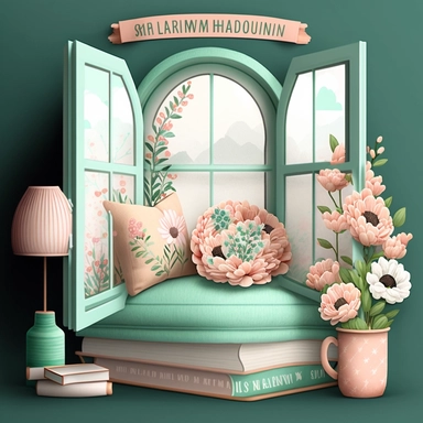 Bookworm cozy reading corner, flowers, window, mint green and peach color, clipart