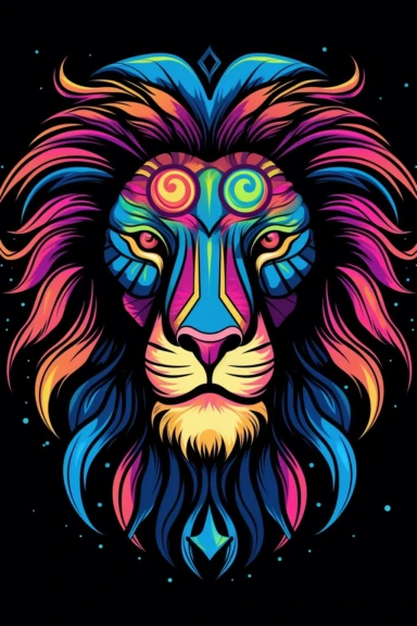 [4763749234082765] T Shirt Design, Lion Face Vector, Lion King Clipart, Symbol inspired by One Piece, vibrant color scheme, black background