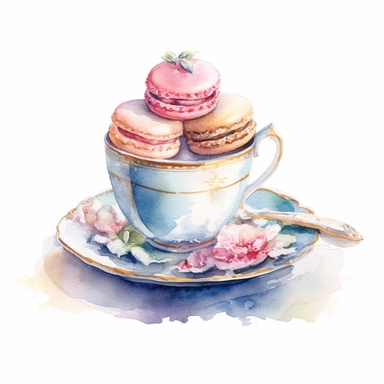 Clipart, Watercolor, Shabby Chic Tea Cup with saucer and tier tray with sweets and cake , light colors, hand-draw, texture