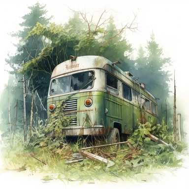 watercolor clipart post apocaypse camper overgrown nature abandoned
