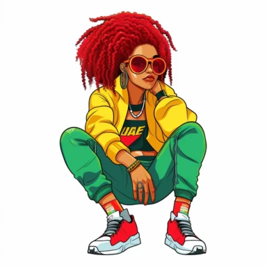 cartoon illustration of a cute black woman, red afro, wearing nike air jordan shoes, wearing a green, yellow and red fly 90s outfit, large hoop earrings, sunglasses, clipart, white background