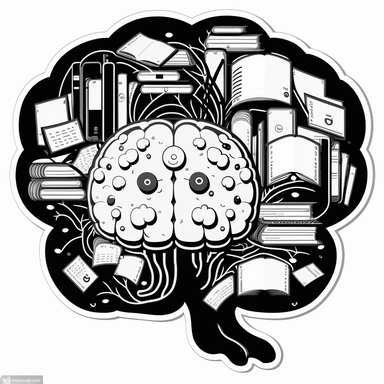 clipart of a brain full of files and folders. Beautiful, flat, cute manga style, black and white, round image borders