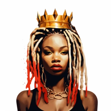 black dark-skin women with honey blonde dreadlocks wearing a golden crown staring straight forward with big red lips, clip art