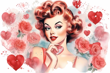 1950s Pin up girl valentines day watercolor clipart