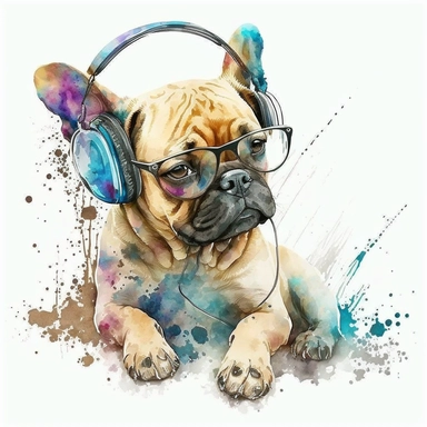 Cute dog black He puts headphones dancing watercolor clipart best puts on glasses