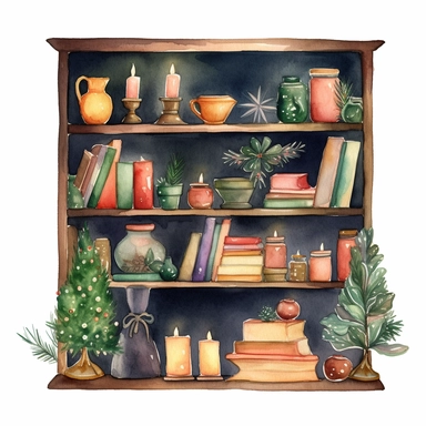 Watercolor Christmas objects consist of shelves, houses, candles, books, and fir branches. Hand-painted holiday card isolated on white background. Illustration for design, print, or background. realistic cartoon in 32K UHD. 15 cm thick outline. Black color. There was no shadow on the ground. 8k with realistic watercolors and detailed illustrations. PNG clipart, transparent white background