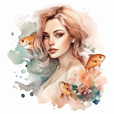 watercolour clipart beautiful woman with two fish. Watercolor effect. The clipart should be of the highest quality, with great detail, clear outlines and lines, gentle pastel colors, and should be elegant and beautiful, white background, without watermarks