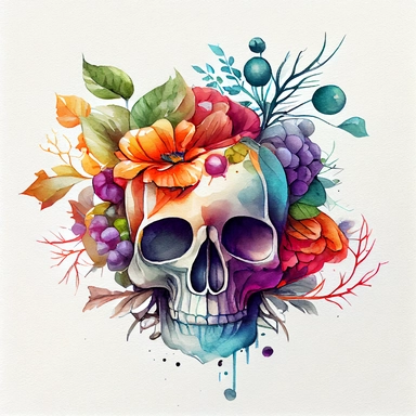 watercolor floral skull for halloween and day of the dead design, white background, watercolor ,cartoon illustration , extremely detailed,cartoon, clipart, white background, 8k, hd