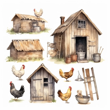farm clipart, chicken coop, animals, plants, garden, illustration, watercolor, realistic brushwork, fluffy, fuzzy hair, fur, feathers, realistic fur, realistic feathers, dusty piles, chalk, vintage ephemera, browns, white, pastels, soft colours, white background, clipart