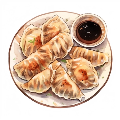 picturesque,bright luxury arrange neatly on a plate, Pan-fried gyoza dumplings with brown burnt marks, icon clipart on white background, watercolor, detailing in pastel colors, high quality, painted by Beatrix Potter, 8k,