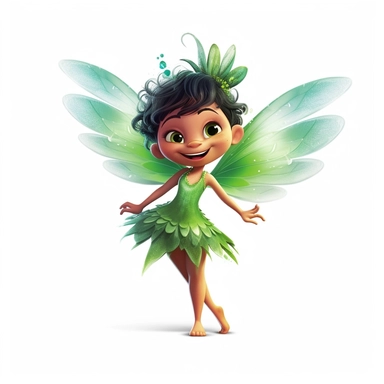 Cheerful little fairy with green wings, standing on tiptoes, exuding happiness through a smiling face, deep, captivating eyes, and glistening wings, against a white canvas adorned with deep, contrasting tones. on white background, clipart