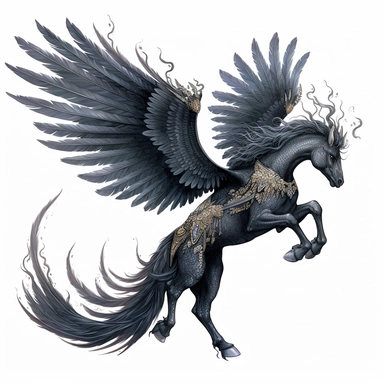 black pegasus tattoo design by twilight designs, in the style of david nordahl, black and silver, jean-baptiste monge, farel dalrymple, fantastical street, high resolution, imaginative characters, clipart, blank white background