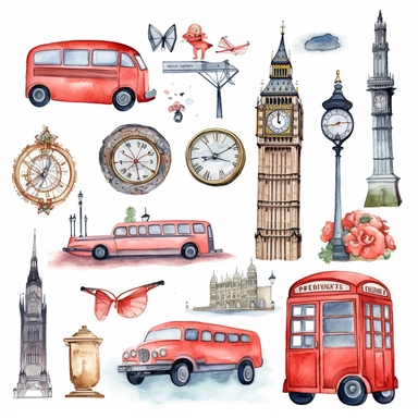 watercolor london touristic and iconic symbols , illustrations clipart set, simple, , cartoon elements ,different variants , black cab, the london eye, ferris wheel, houses of parliament, buckingham palace, st paul's cathedral, separate elements with a margin