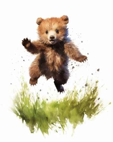 detailed watercolor Baby bear jumping on grass , realistic, isolated on a white background, clipart