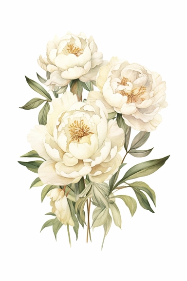 A highly detailed clipart drawing of a cluster of unbloomed white or cream peonies, created with a combination of watercolor and color pencils. The drawing captures the intricate details of the peony buds, showcasing their elegant forms and delicate textures. The cluster of peonies is positioned on a white background, which can be easily removed to create a transparent image for making wedding invitations. The focus is on the beauty and anticipation of the peony buds, making it a perfect choice 