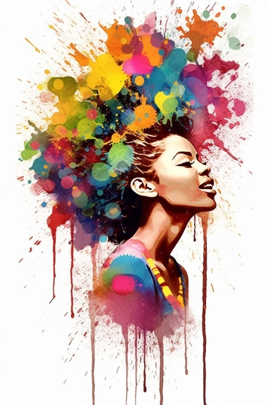An exuberant clipart featuring an African American girl with a playfully textured hairstyle, sporting fashionable and whimsical clothing, set against a high-resolution and transparent background. The scene is rendered in a vibrant watercolor art style, with fluid brushstrokes and splashes of color that bring a sense of liveliness and energy to the image.