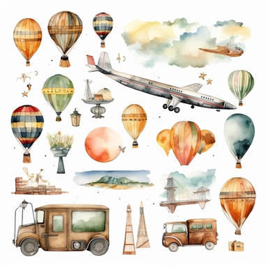 Watercolor Travel clipart, Summer Holiday, Vacation clipart, Tourism clipart, Planner clipart, Adventure clipart, PNG, Airplane Camera Globe
