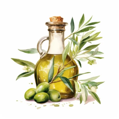 watercolor olive oil in a vintage glass bottle with some olive branches around it, clipart, 2d game art, illustration, highly detailed full body isoleted white background, naturecore